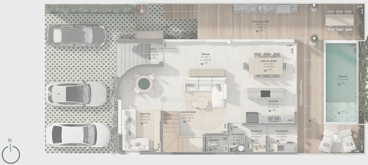 Planta do térreo com as áreas hachuradas: térreo, piscina e deck e garagem